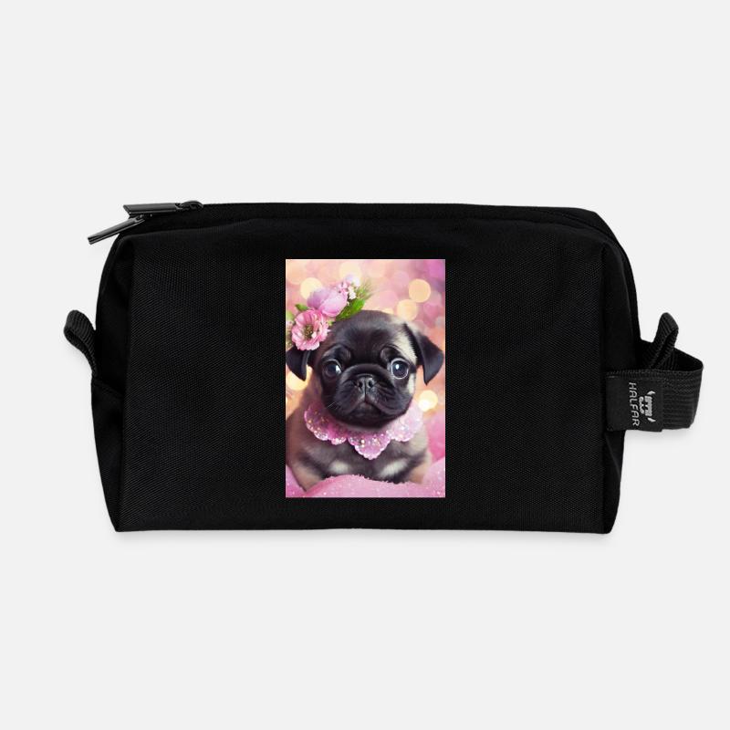 Hübsche Bulldogge mit Blumenkranz - Recycelte Kulturtasche - Schwarz