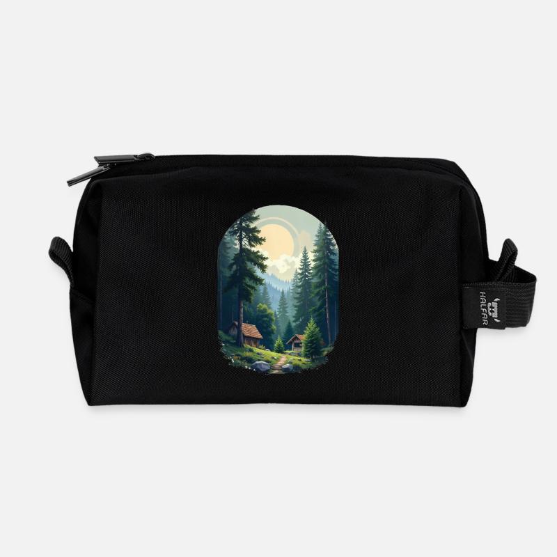 Pixelated cabin in the woods - Recycled Toiletry Zip Bag - black