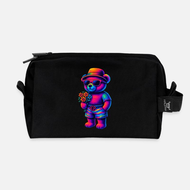 neon-coloured teddy bear in beach look - Recycled Toiletry Zip Bag - black