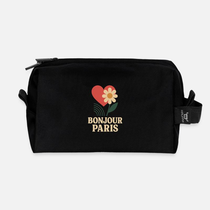 Bonjour Paris – Retro Herz & Blume Design - Recycelte Kulturtasche - Schwarz