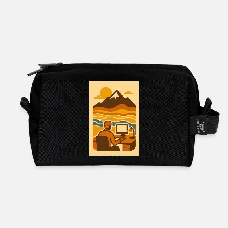 Work & Waves – Retro Mountain Office Art - Recycled Toiletry Zip Bag - black