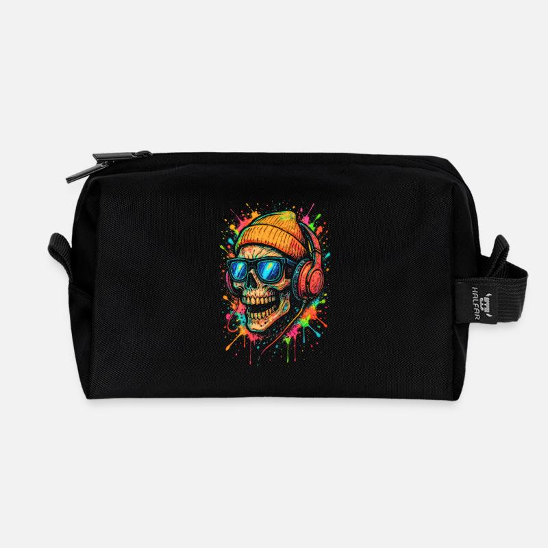 Buntes Skull mit Kopfhörern und Sonnenbrille - Recycelte Kulturtasche - Schwarz
