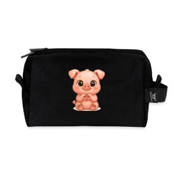 Cute Pig with Heart Hands - Recycled Toiletry Zip Bag - black - Front