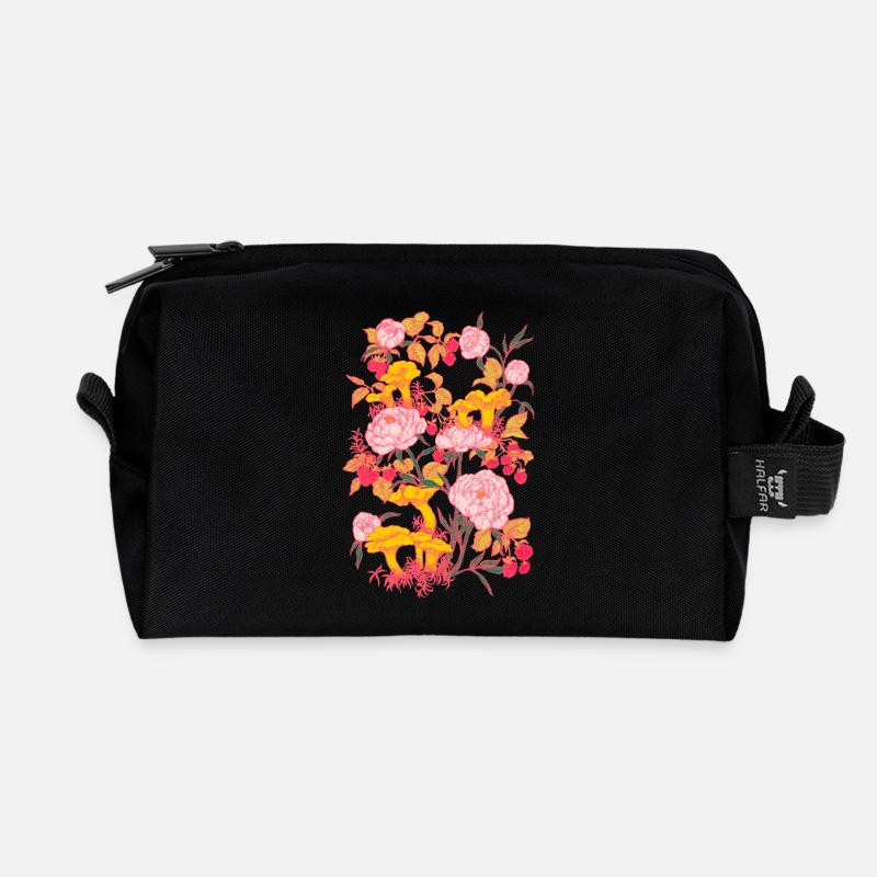PEONIES AND CHANTERELLES - Recycled Toiletry Zip Bag - black