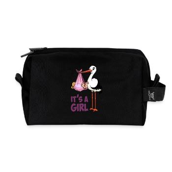 Cigogne avec une petite fille ; « C’est une fille » - Trousse de toilette en tissu recyclé - noir - Devant