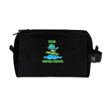 Turtle on surfboard with sunscreen - Recycled Toiletry Zip Bag - black - Front