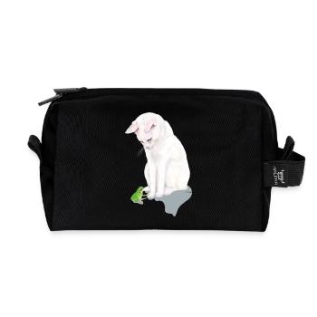 White cat with green frog - Recycled Toiletry Zip Bag - black - Front