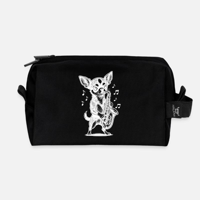 Conception de saxophone Chihuahua - Trousse de toilette en tissu recyclé - noir