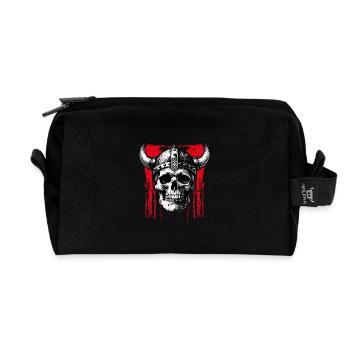 Skull with helmet and horns on splashes of paint - Recycled Toiletry Zip Bag - black - Front