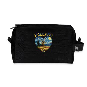 Holland art Windmill and Tulips VG text - Recycled Toiletry Zip Bag - black - Front