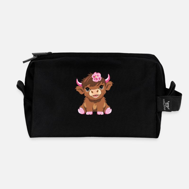 Süße Baby-Hochlandkuh mit einer rosa Blume - Recycelte Kulturtasche - Schwarz