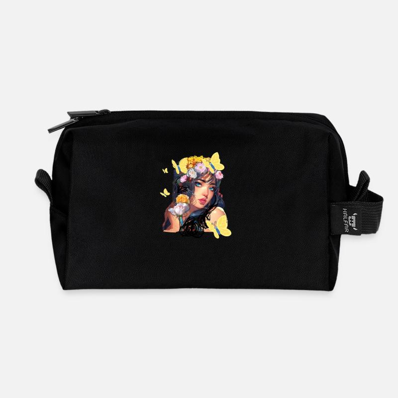 Frau, Blumen, Asiatin, illustration, Schmetterling - Recycelte Kulturtasche - Schwarz