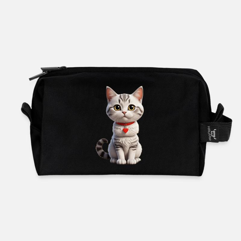 Chat de dessin animé / chat de dessin animé - Trousse de toilette en tissu recyclé - noir