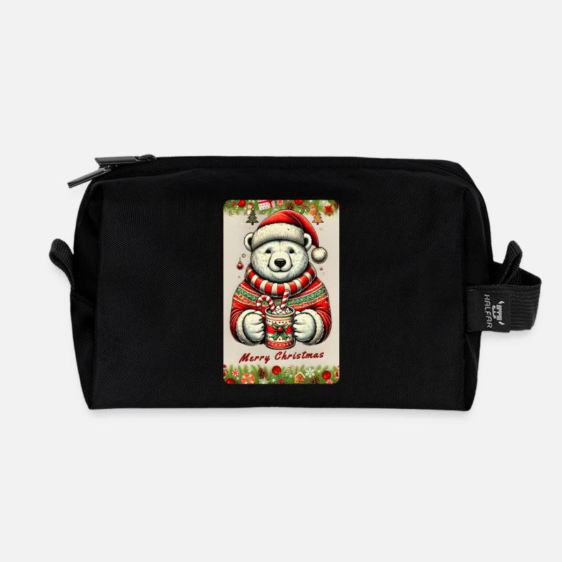 Christmas polar bear with hot chocolate - Recycled Toiletry Zip Bag - black