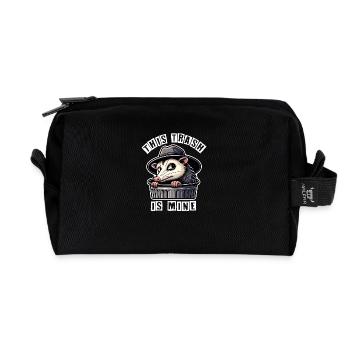Trash possum with hat looking out of the garbage can - Recycled Toiletry Zip Bag - black - Front