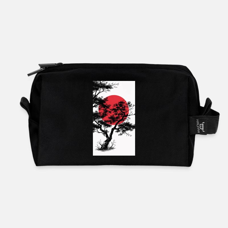 Manga-Style Dark Tree with Red Sun - Recycled Toiletry Zip Bag - black