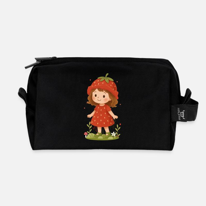 Süßes Erdbeer-Mädchen Illustration - Recycelte Kulturtasche - Schwarz