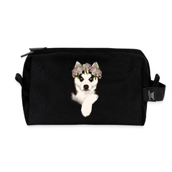 Husky with flower crown - Recycled Toiletry Zip Bag - black - Front
