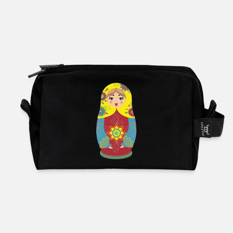 Matroschka mit Blumenmustern - Recycelte Kulturtasche - Schwarz