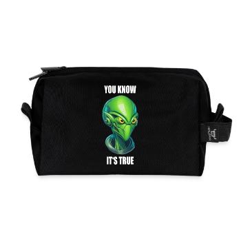 alien cyborg head - "You Know It's True" - Recycled Toiletry Zip Bag - black - Front