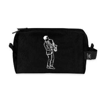 Dessin de garçon au saxophone - Trousse de toilette en tissu recyclé - noir - Devant