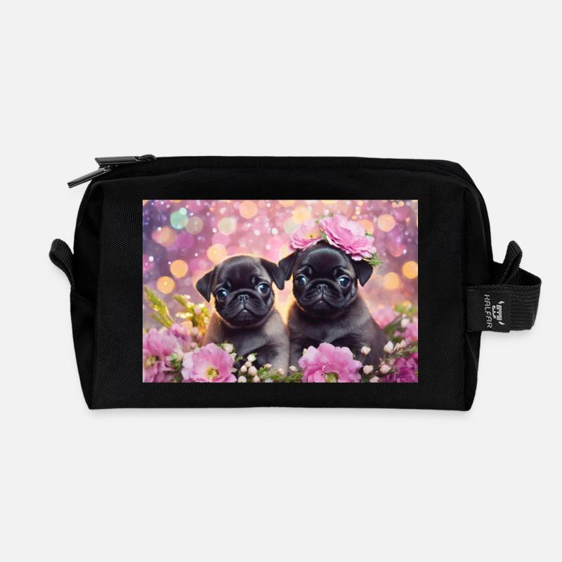 Petits chiens avec couronne de fleurs - Trousse de toilette en tissu recyclé - noir