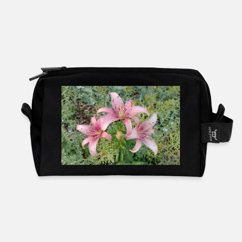 Pink Lily Blossom - Recycled Toiletry Zip Bag - black