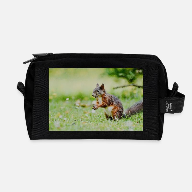 Squirrel Mosaic in the grass field - Recycled Toiletry Zip Bag - black