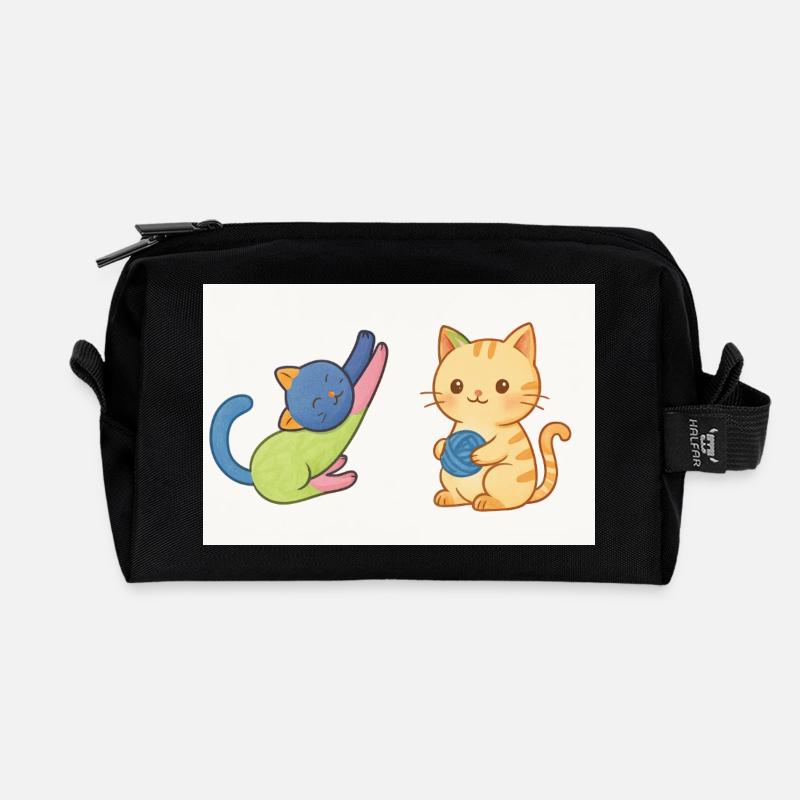 Playful Kitty and Yarn Duo - Recycled Toiletry Zip Bag - black