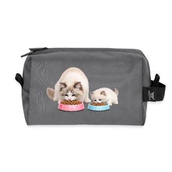 Maman chatte poupée de chiffon mange avec son chaton - Trousse de toilette en tissu recyclé - anthracite - Devant