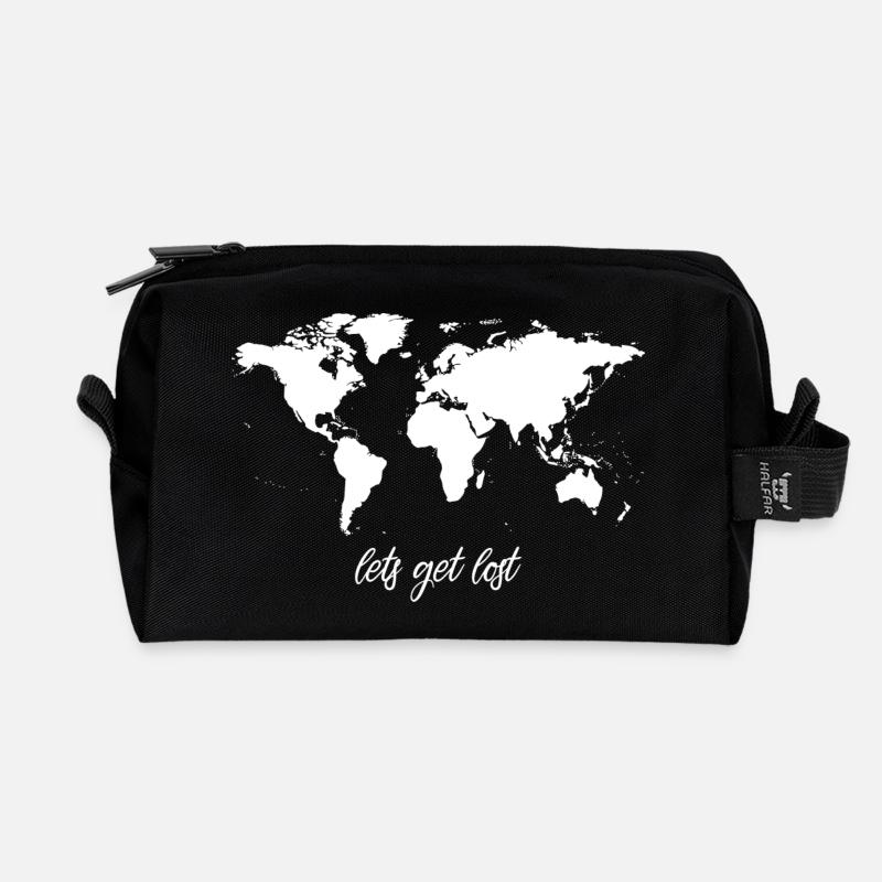 Lets Get Lost Worldmap - Recycled Toiletry Zip Bag - black