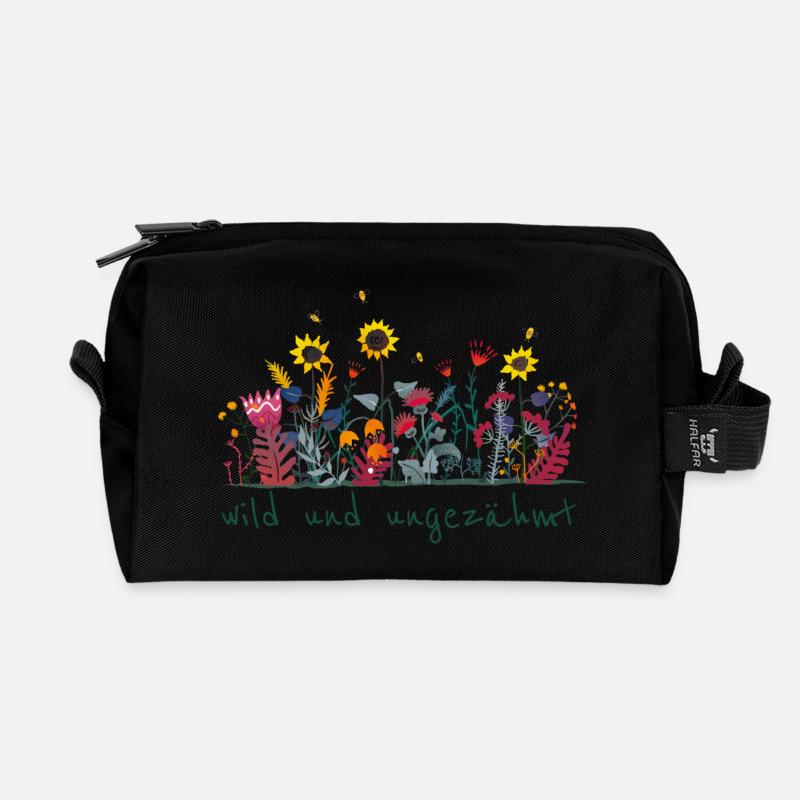 Wild und ungezähmt - Wiesenblumen, Garten - Recycelte Kulturtasche - Schwarz