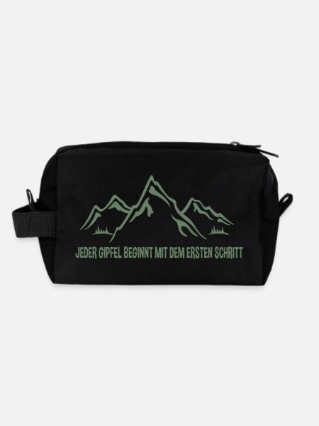 Fröhliche Bergansicht: Den ersten Schritt wagen! - Recycelte Kulturtasche - Schwarz - Hinten