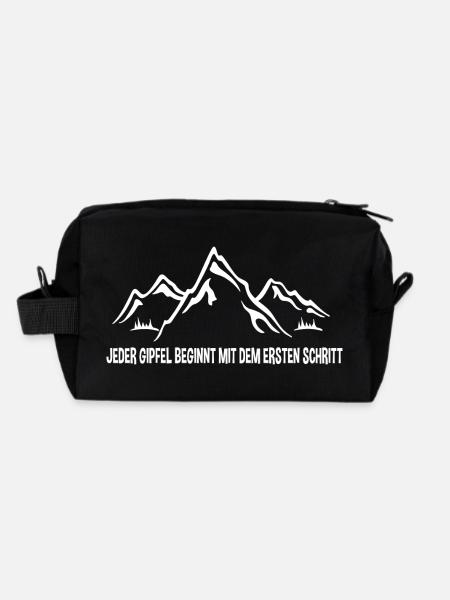 Fröhliche Bergansicht: Den ersten Schritt wagen! - Recycelte Kulturtasche - Schwarz - Hinten