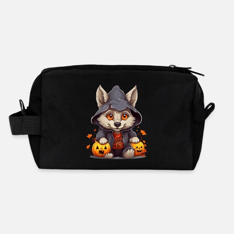 Mignon petit loup d’Halloween avec lanternes à la citrouille Trousse de toilette en tissu recyclé