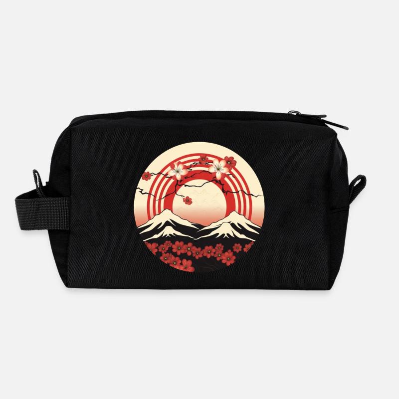 Kyoto Mountains: Cherry Blossoms and Flag - Recycled Toiletry Zip Bag - black