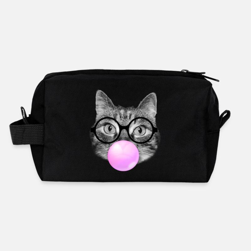 Chat portant des lunettes de lecture et du bubble gum rose Trousse de toilette en tissu recyclé