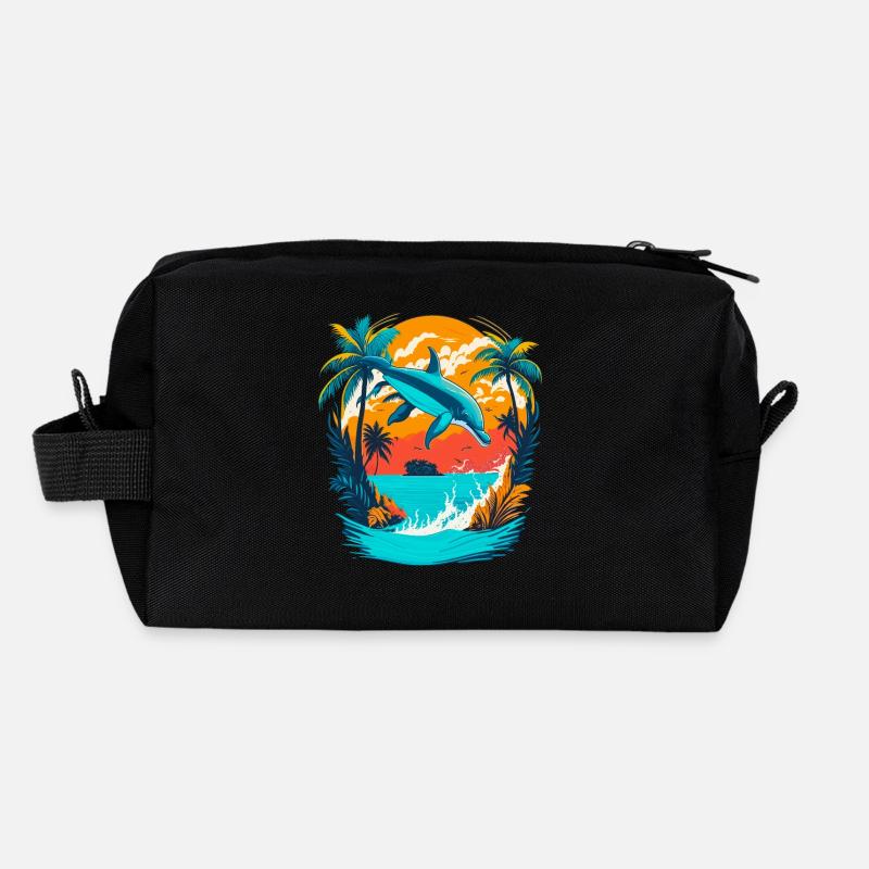 Dauphin avec coucher de soleil tropical Trousse de toilette en tissu recyclé