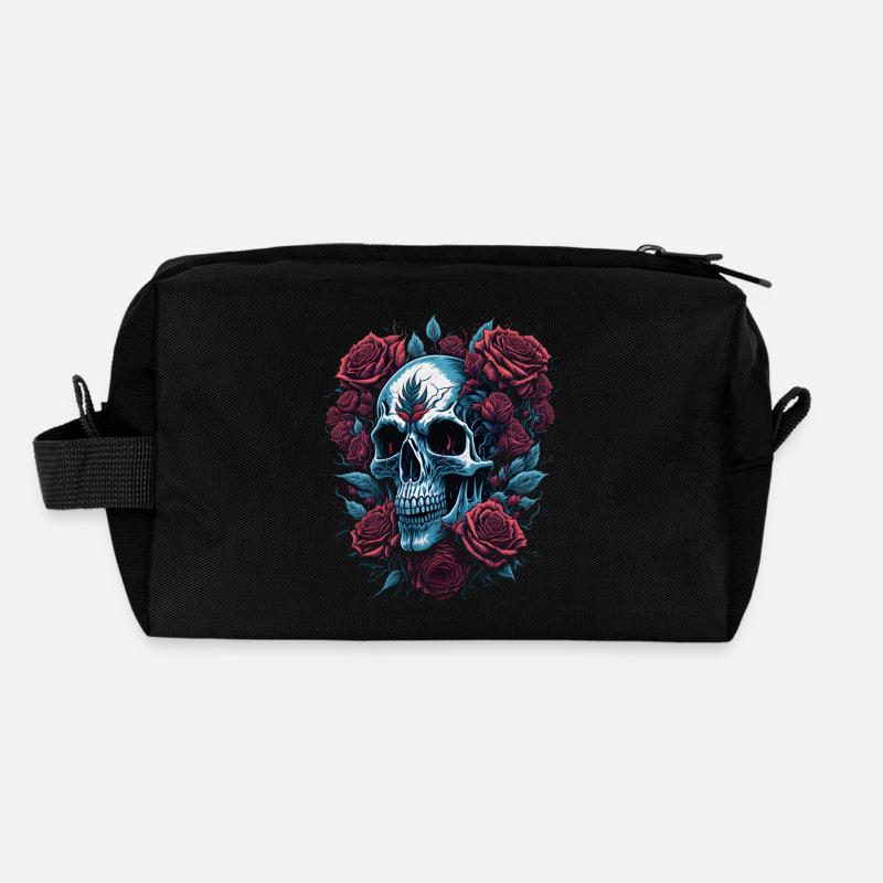 Totenkopf mit Rosen Blumen - Recycelte Kulturtasche - Schwarz