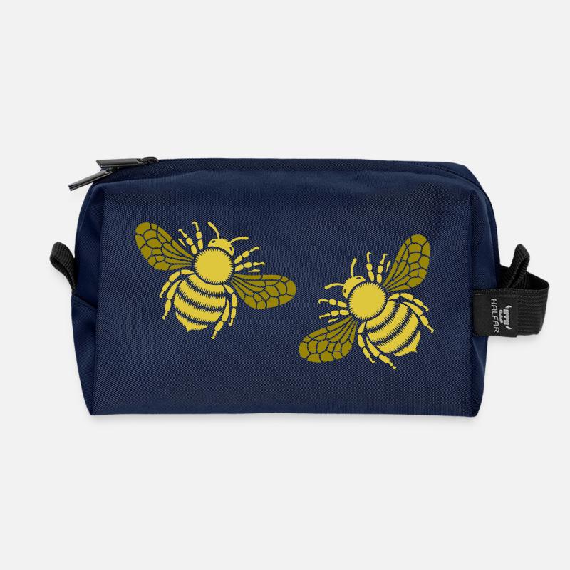 Zwei goldene Bienen - Recycelte Kulturtasche - Navy