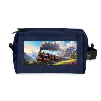 Old nostalgic steam locomotive with wagons - Recycled Toiletry Zip Bag - navy - Front