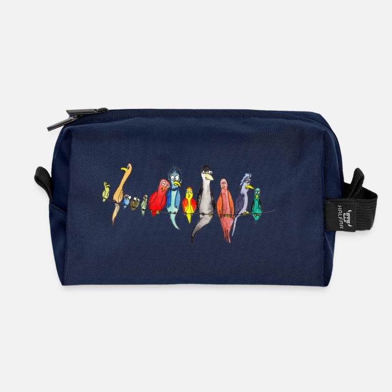 Bunte Vögel auf der Leine - Recycelte Kulturtasche - Navy
