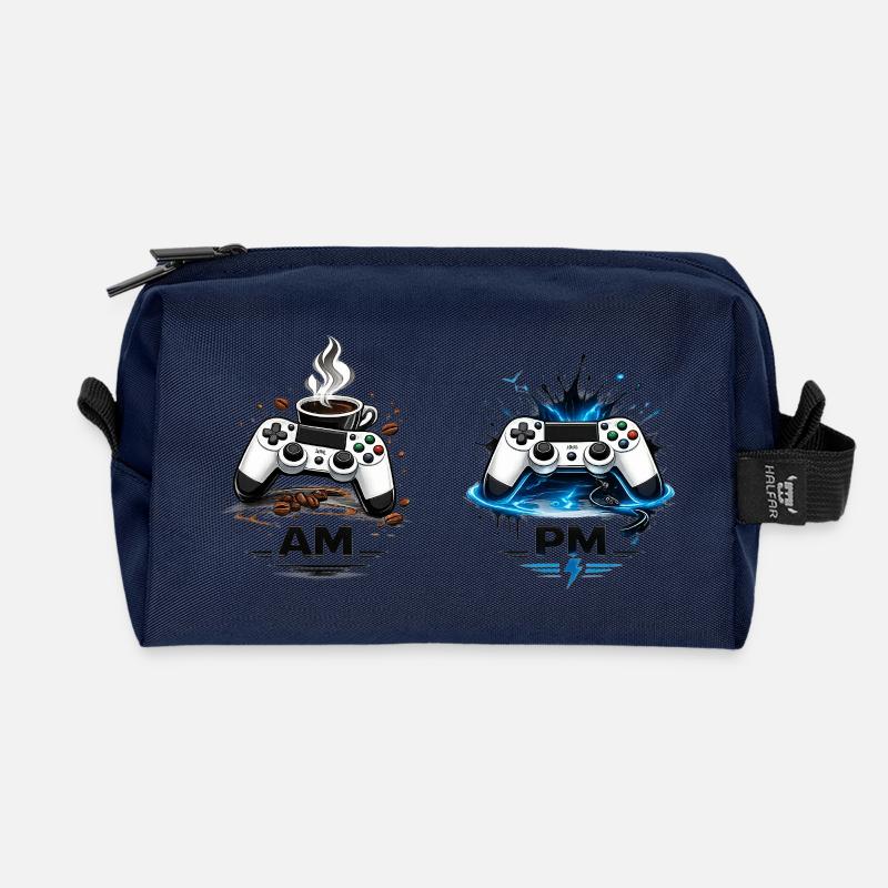 AM Coffee PM Gaming - Recycled Toiletry Zip Bag - navy