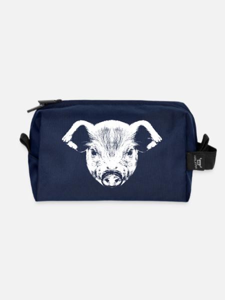 Schweinchen Grafik / Ferkel Weiß - Recycelte Kulturtasche - Navy