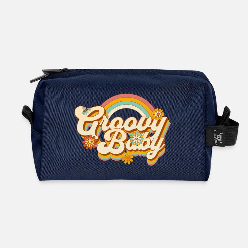 Retro Blumen-Design mit Regenbogen - Recycelte Kulturtasche - Navy