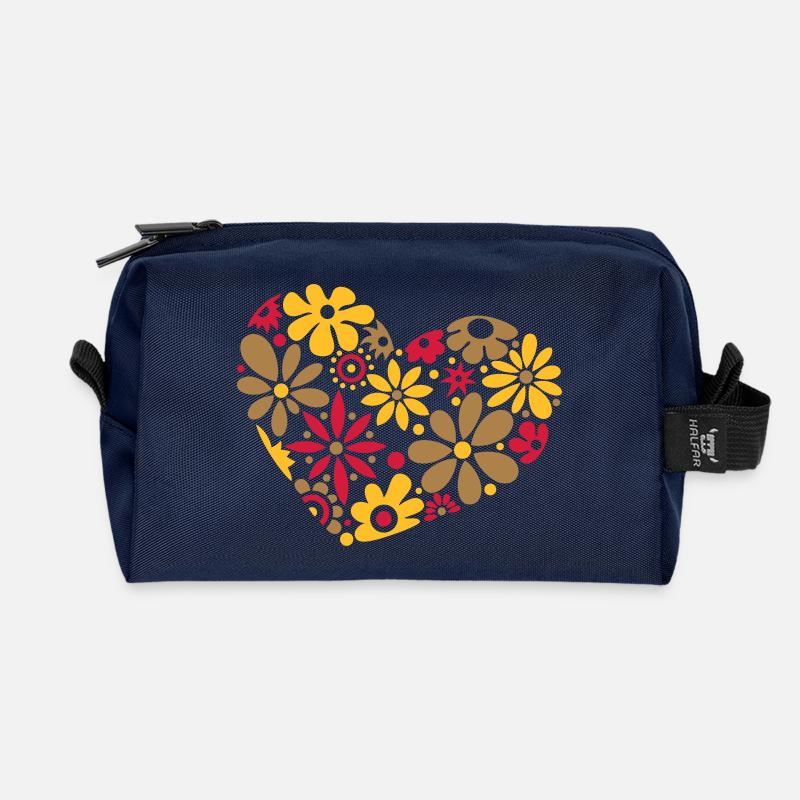 Großes Flower Power Herz, bunt - Recycelte Kulturtasche - Navy