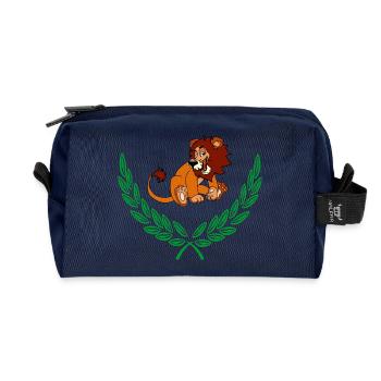 Löwe im grünen Lorbeerkranz – Herzlichen Glückwunsch - Recycelte Kulturtasche - Navy - Vorne