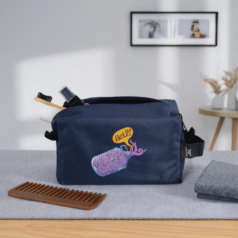 Octopus inside plastic bottle asking for help Recycled Toiletry Zip Bag