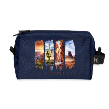 Voyage de vacances en Arizona – Motif désert et canyon - Trousse de toilette en tissu recyclé - marine - Devant