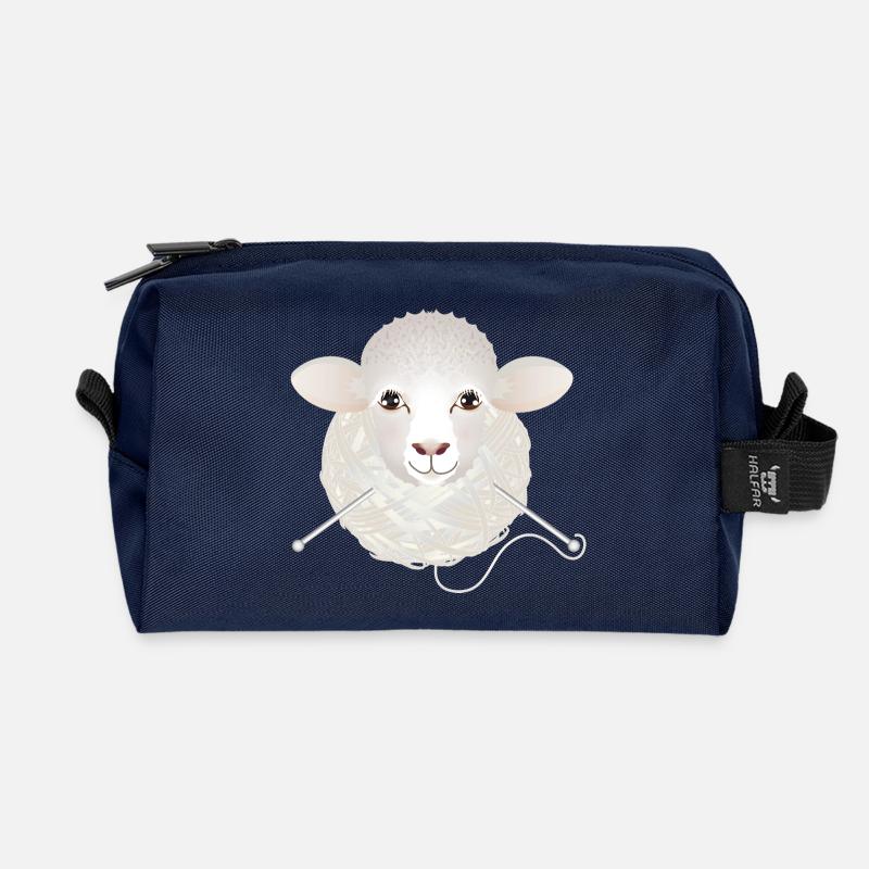 witziges Schaf mit Wollknäuel und Stricknadeln - Recycelte Kulturtasche - Navy